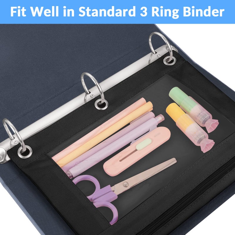 Sooez Pencil Pouch for 3 Ring Binder, 2 Pack Binder Pencil Pouch with Clear Window Pencil Bags with Zipper & Reinforced Grommets, Pencil Case for Binder Black & Black - Image 2